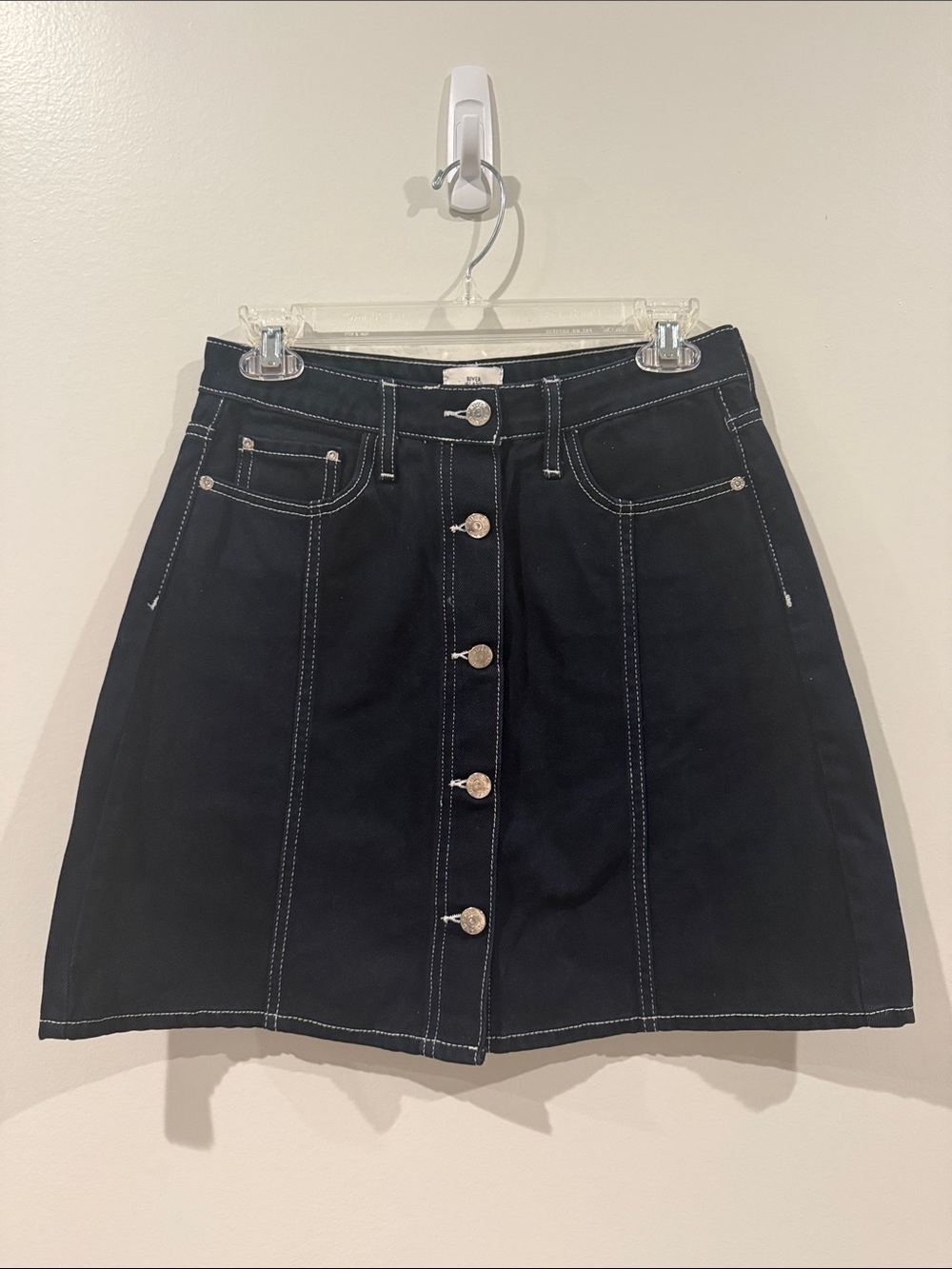 River Island Navy Button Front Skirt with White Topstitch Buttons, 10
